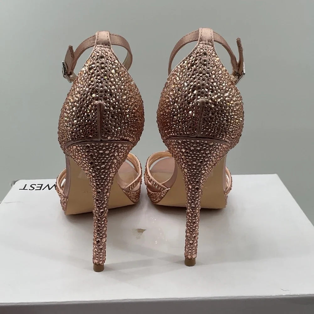 Nine West Rose Gold Satin Rhinestone Platform Ankle Strap Heels Womens 6M